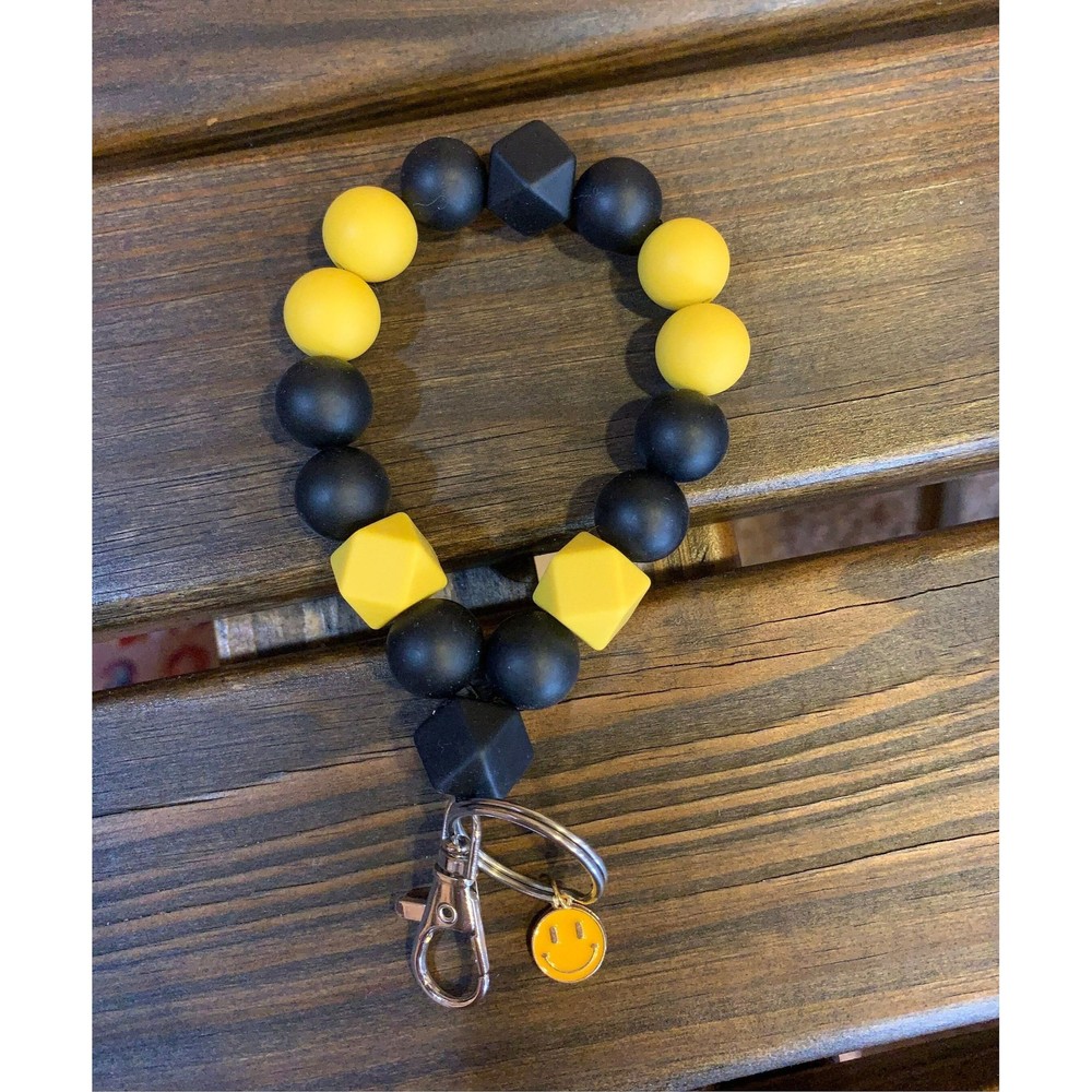 Circle Silicone Bead 15mm Wrist Wristlet Keychain Yellow Black Smiley Face Charm